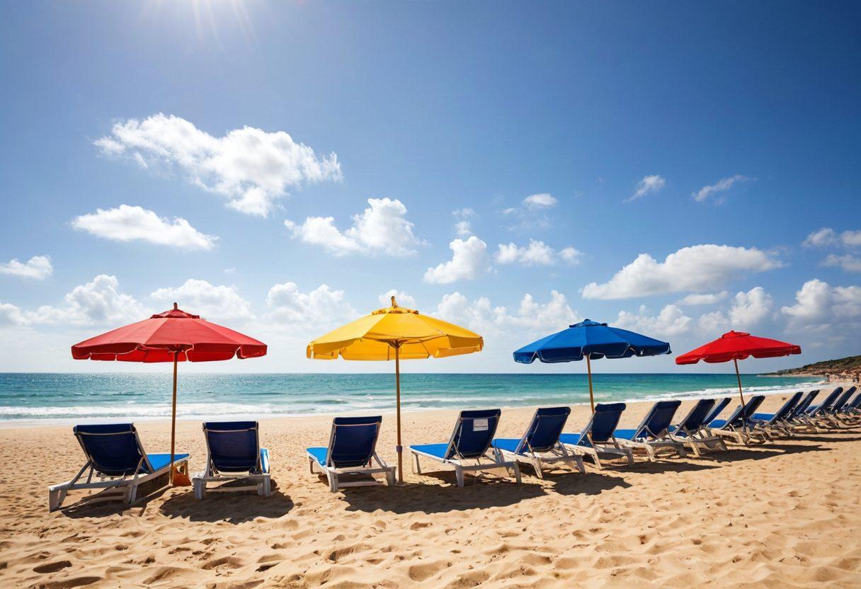 A sunny beach scene with colorful beach umbrellas, lounge chairs, and a clear blue sky. Display various beach attire like vibrant swimsuits, stylish hats, and oversized sunglasses being worn by diverse individuals enjoying sunbathing. Include accessories like beach bags and flip-flops scattered around, with gentle waves in the background for a relaxing vibe. Bright and cheerful atmosphere. super-realistic. vibrant colors. white background.